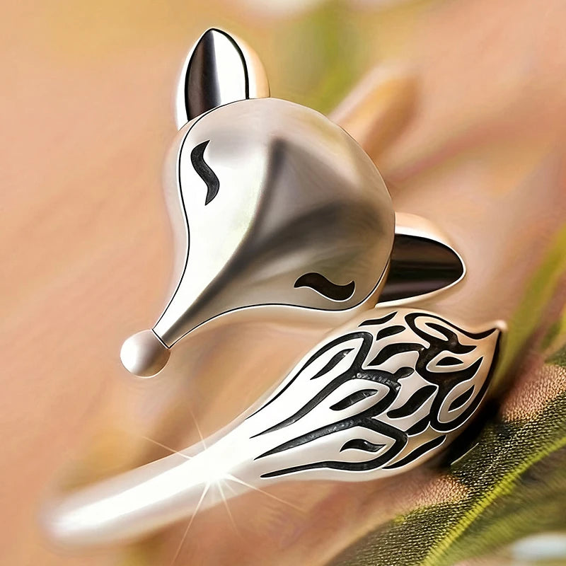 Anti Silver Color Fox Opening Rings for Women Vintage Daily Female Ring Punk Hip Hop Animal Accessory Gift Retro Jewelry