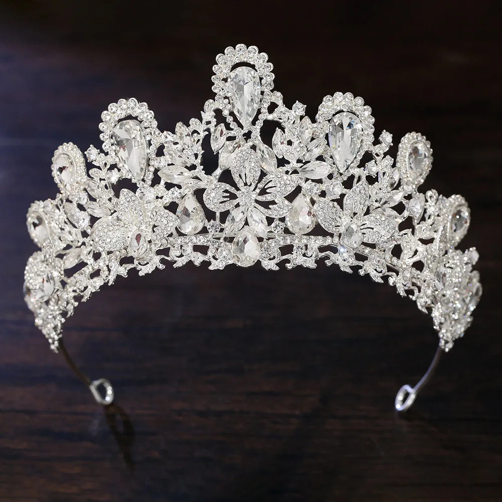 Luxury Water Drop Pink Crystal Bridal Tiara Crown Silver Color Rhinestone Diadem Veil Tiaras Wedding Hair Accessories Headpieces