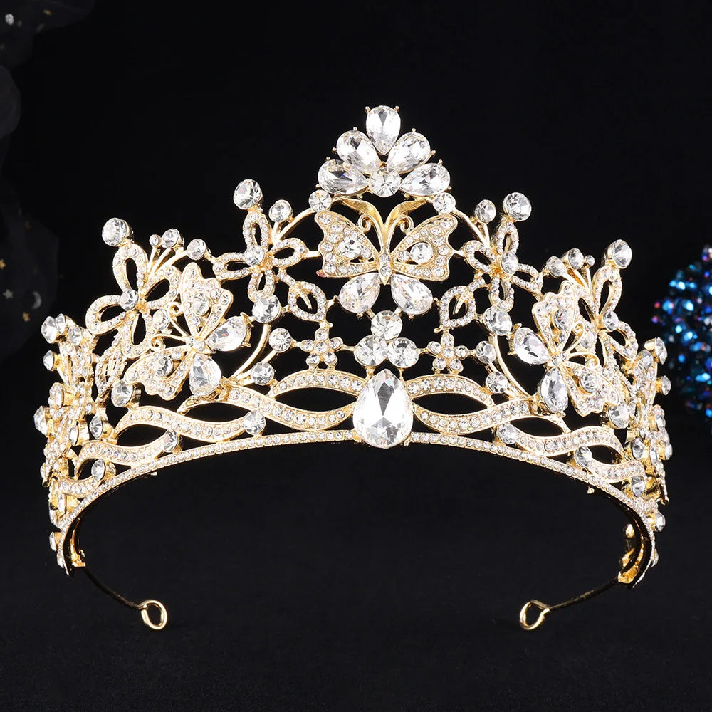 10 Colors New Baroque Pink Crystal Butterfly Bridal Tiara Crown Rhinestone Diadem Veil Tiaras Wedding Hair Accessories Headpiece