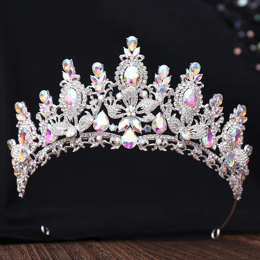 Retro Rose Water Drop Flower Crystal Bridal Tiara Crown Rhinestone Diadem Veil Tiaras Wedding Hair Accessories Headpiece