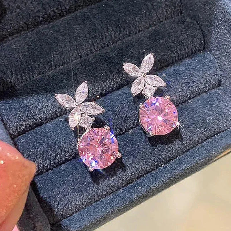 Flower Dangle Earrings Pink Cubic Zirconia for Women Silver Color Temperament Sweet Accessories Fashion Jewelry