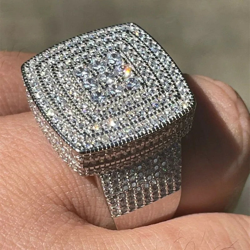 Luxury Square Iced Out Ring for Men/Women Full Shiny Cubic Zirconia Hip Hop Jewelry for Party Bling Wedding Accessories