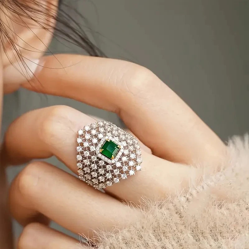 Bling Bling Geometric Rings with Square Green Cubic Zircon Fashionable Silver Color Finger Rings