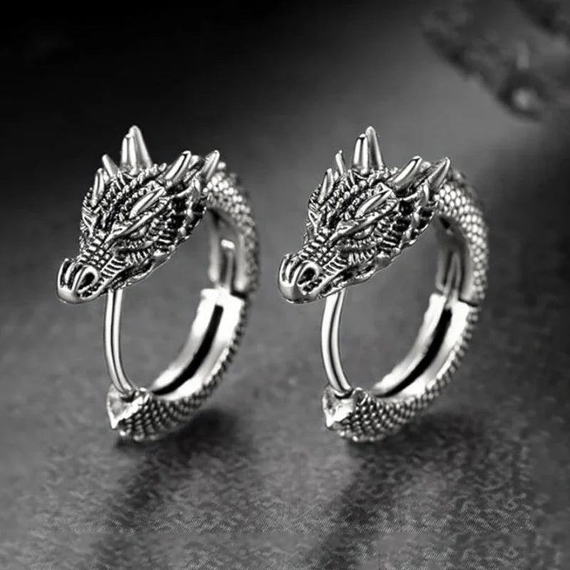 Personality Chinese Dragon Hoop Earrings for Women/Men Antique Metal Color Hip Hop Cool Guys Loong Earrings