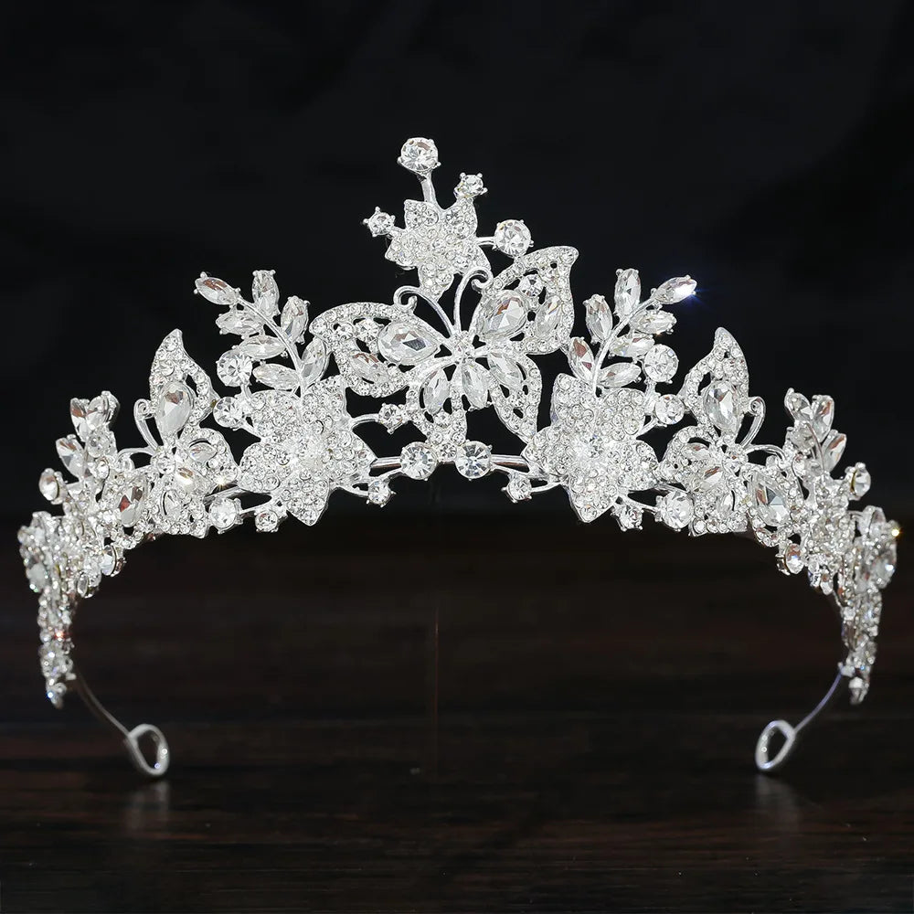 Silver Color Purple Crystal Butterfly Baroque Pink Rhinestone Tiaras Crown Women Wedding Diadem Party Hair Dress Jewelry