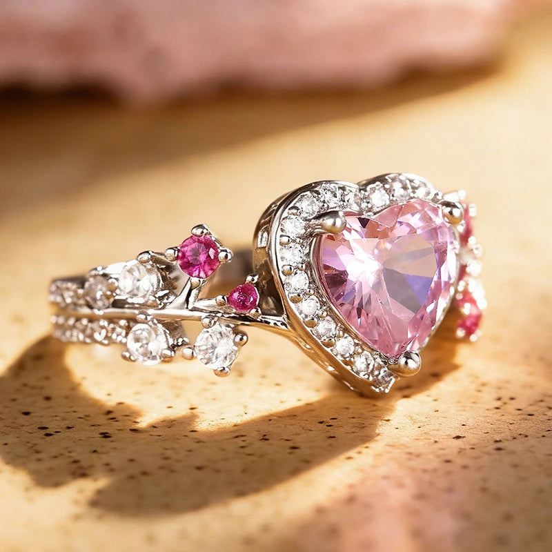 Heart Pink Cubic Zirconia Wedding Rings for Women Silver Color Temperament Sweet Engagement Rings Luxury Trendy Jewelry