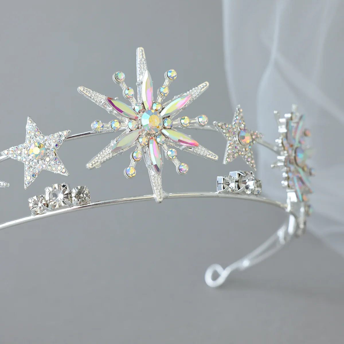 Luxury Silver AB Color Crystal 6-Point Star Wedding Crown Tiara Rhinestone Diadem Princess Women Headband Bride Hair Accessories
