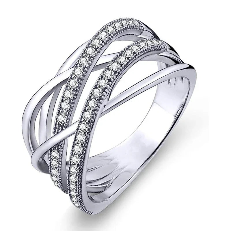 Silver Color Multi-cross Finger Ring with Shiny Crystal CZ Modern Fashion Female Rings Daily Wear Party Jewelry