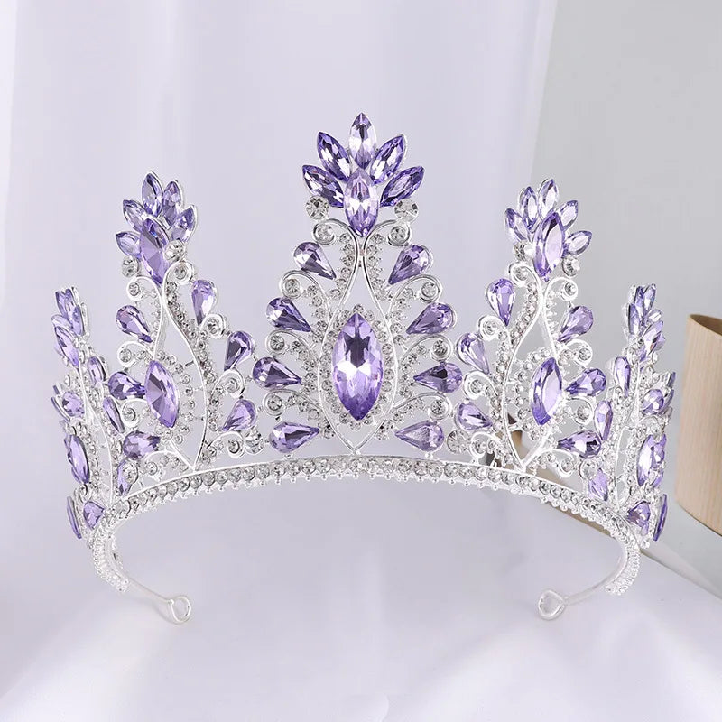 Silver Color Dark Blue Rhinestone Wedding Crown for Women Large Crystal Banquet Tiaras Headband Costume Hair Jewelry Accessories