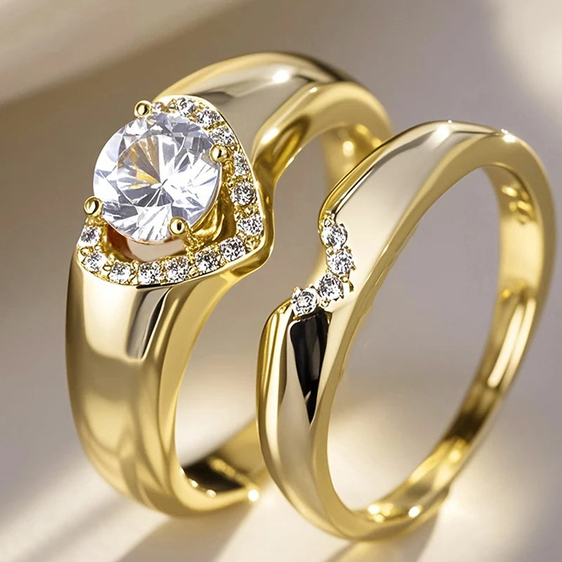 Trendy Heart Set Rings for Women with Crystal Sparkling Cubic Zirconia Luxury Wedding Engagement Rings 2Pcs Jewelry Set