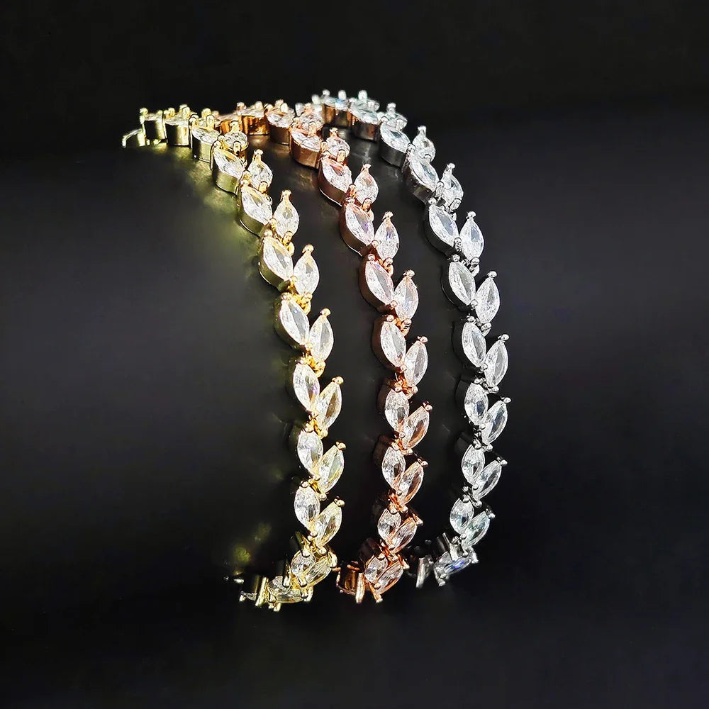 Trendy Cubic Zirconia Leaf Bridal Bracelets Bangle for Women White Color Adjustable Bracelet Wedding Jewelry