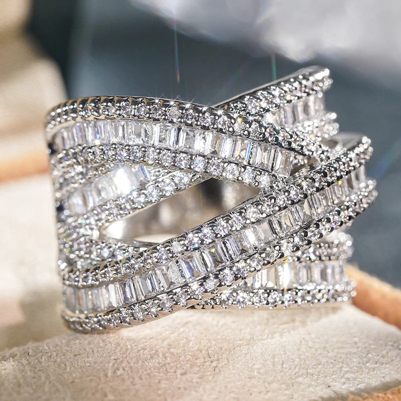 Novel Multi-layer Cross Design Rings for Women Graceful Grand Finger Accessory for Wedding Trendy Dazzling Party Jewelry