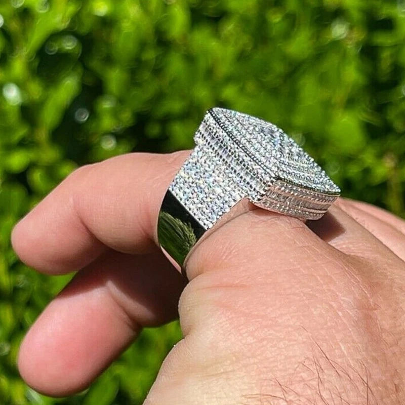 Luxury Square Iced Out Ring for Men/Women Full Shiny Cubic Zirconia Hip Hop Jewelry for Party Bling Wedding Accessories