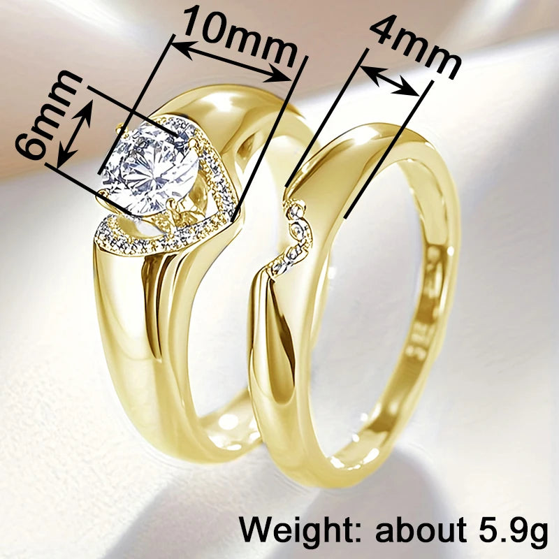 Trendy Heart Set Rings for Women with Crystal Sparkling Cubic Zirconia Luxury Wedding Engagement Rings 2Pcs Jewelry Set