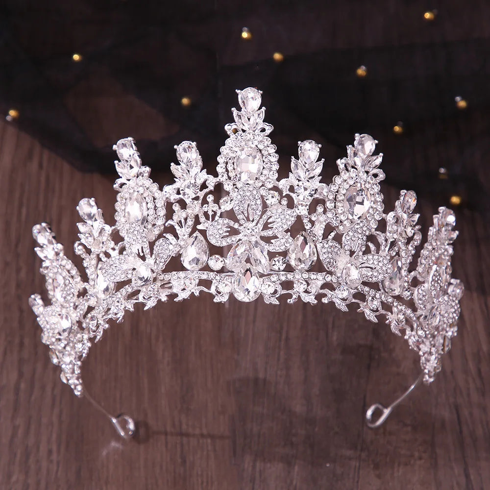 Luxury Water Drop Flower Pink Crystal AB Tiaras Royal Queen Banquet Crown Wedding Party Costume Hair Jewelry Accessories