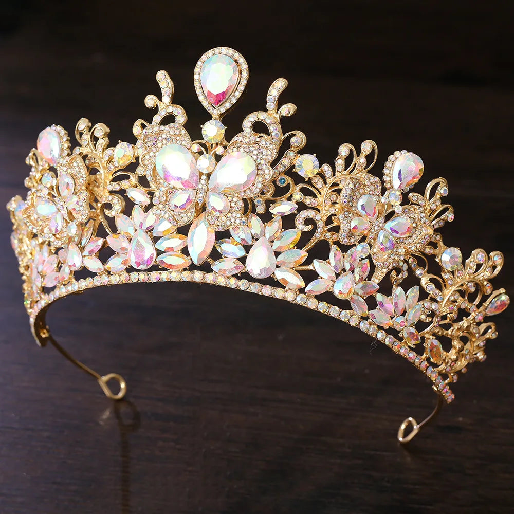 Vintage Butterfly Flowers Crystal AB Bridal Tiara Crown Rhinestone Diadem Veil Tiaras Wedding Hair Accessories Headpiece