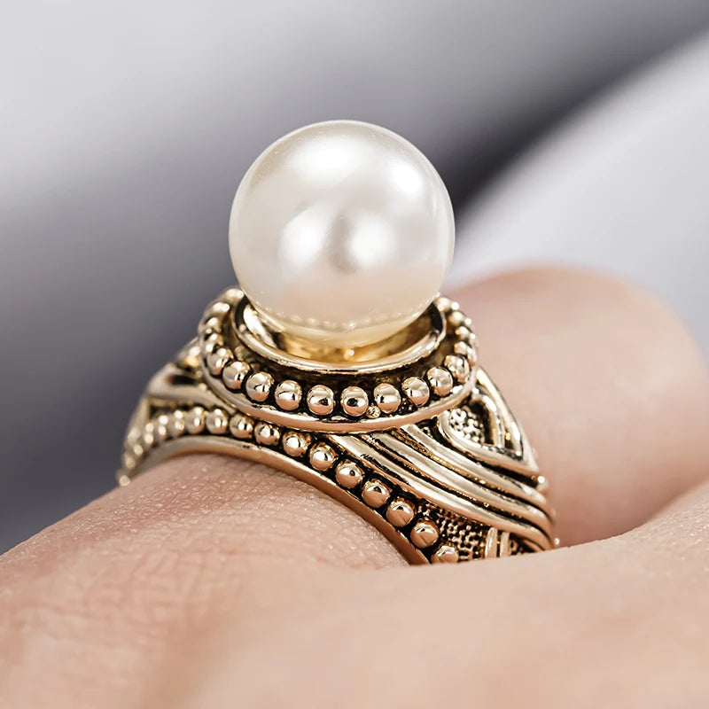 Antique Gold Color Imitation Pearl Rings Women for Wedding Anniversary Party Simulated Pearl Ring Vintage Jewelry