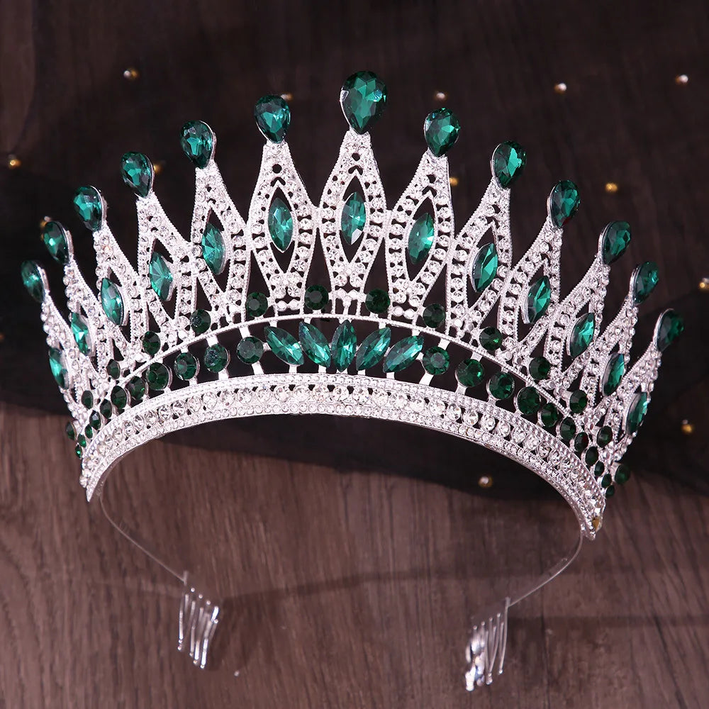 Luxury Royal Queen Wedding Crown With Comb Women Large Lime Green Crystal Banquet Tiaras Party Costume Hair Jewelry Accessories