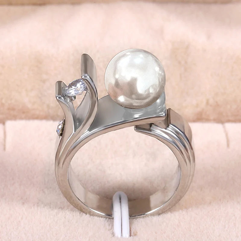 Graceful Engagement Rings with Imitation Pearl Delicate Bright Wedding Engagement Jewelry Women’s Gentle Gifts Accessory