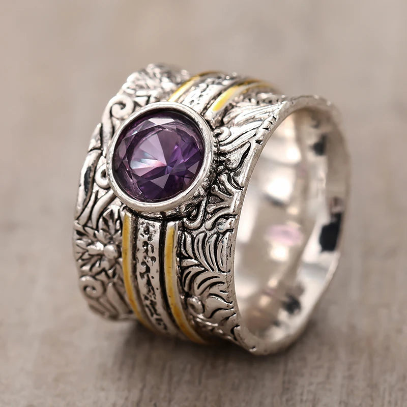 Vintage Two Tone Wide Rings with Purple CZ Bohemia Style Women's Rings Daily Wear Party Aesthetic Carved Pattern Jewelry