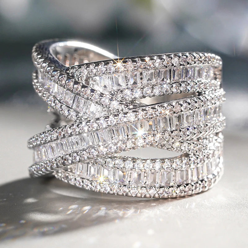 Novel Multi-layer Cross Design Rings for Women Graceful Grand Finger Accessory for Wedding Trendy Dazzling Party Jewelry