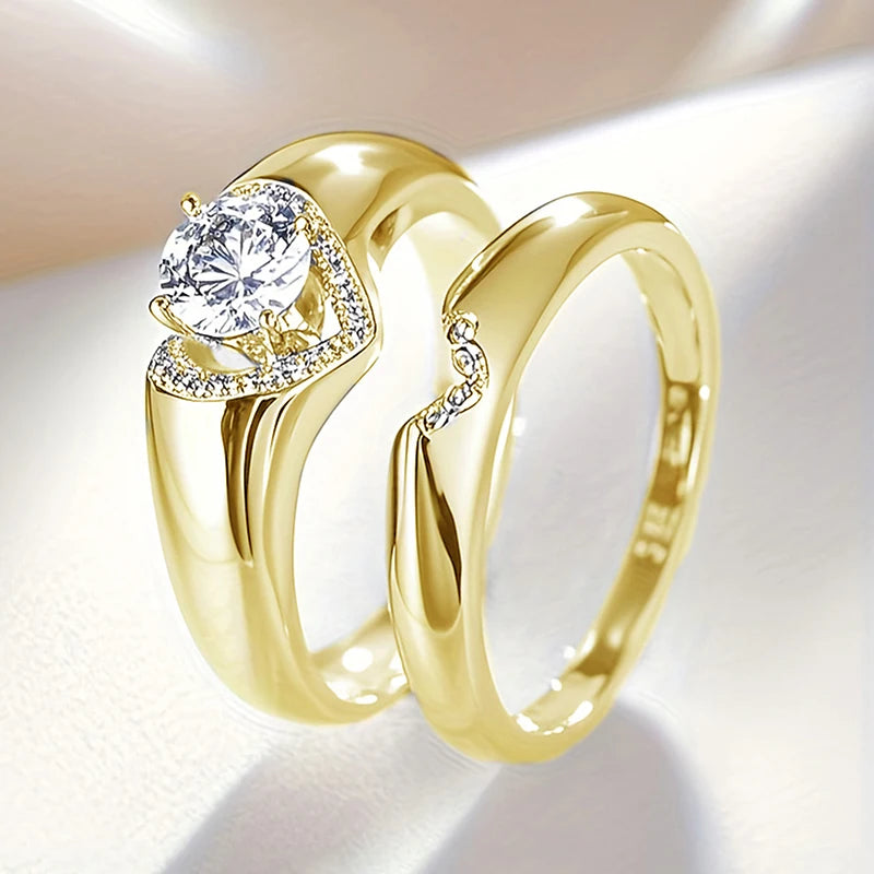 Trendy Heart Set Rings for Women with Crystal Sparkling Cubic Zirconia Luxury Wedding Engagement Rings 2Pcs Jewelry Set