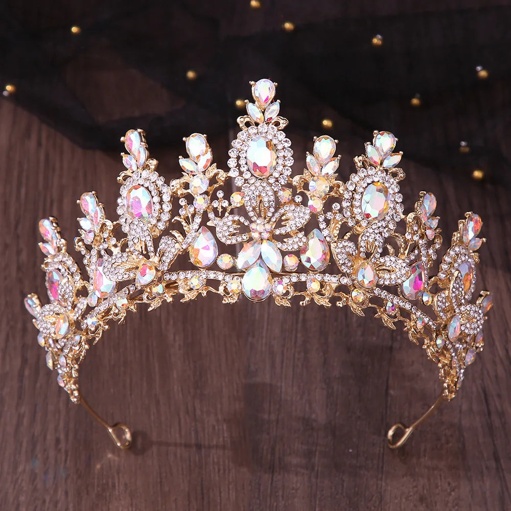 Luxury Water Drop Flower Pink Crystal AB Tiaras Royal Queen Banquet Crown Wedding Party Costume Hair Jewelry Accessories