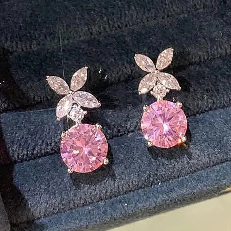 Flower Dangle Earrings Pink Cubic Zirconia for Women Silver Color Temperament Sweet Accessories Fashion Jewelry