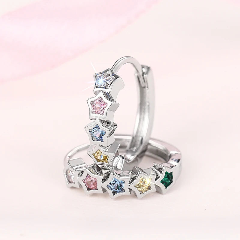 Trendy Star Hoop Circle Earrings Female Bright Rainbow Colored Zirconia Accessories Silver Color Jewelry