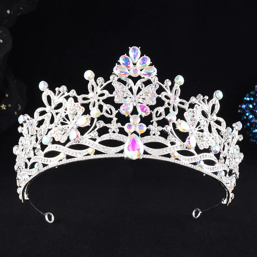 10 Colors New Baroque Pink Crystal Butterfly Bridal Tiara Crown Rhinestone Diadem Veil Tiaras Wedding Hair Accessories Headpiece