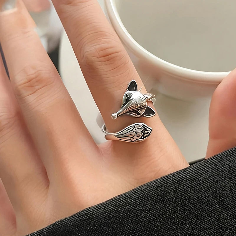 Anti Silver Color Fox Opening Rings for Women Vintage Daily Female Ring Punk Hip Hop Animal Accessory Gift Retro Jewelry