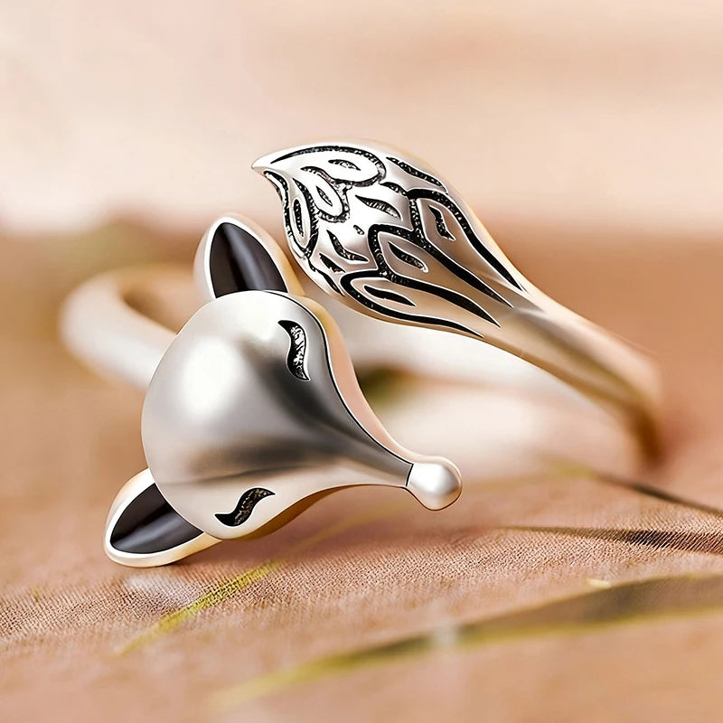 Anti Silver Color Fox Opening Rings for Women Vintage Daily Female Ring Punk Hip Hop Animal Accessory Gift Retro Jewelry