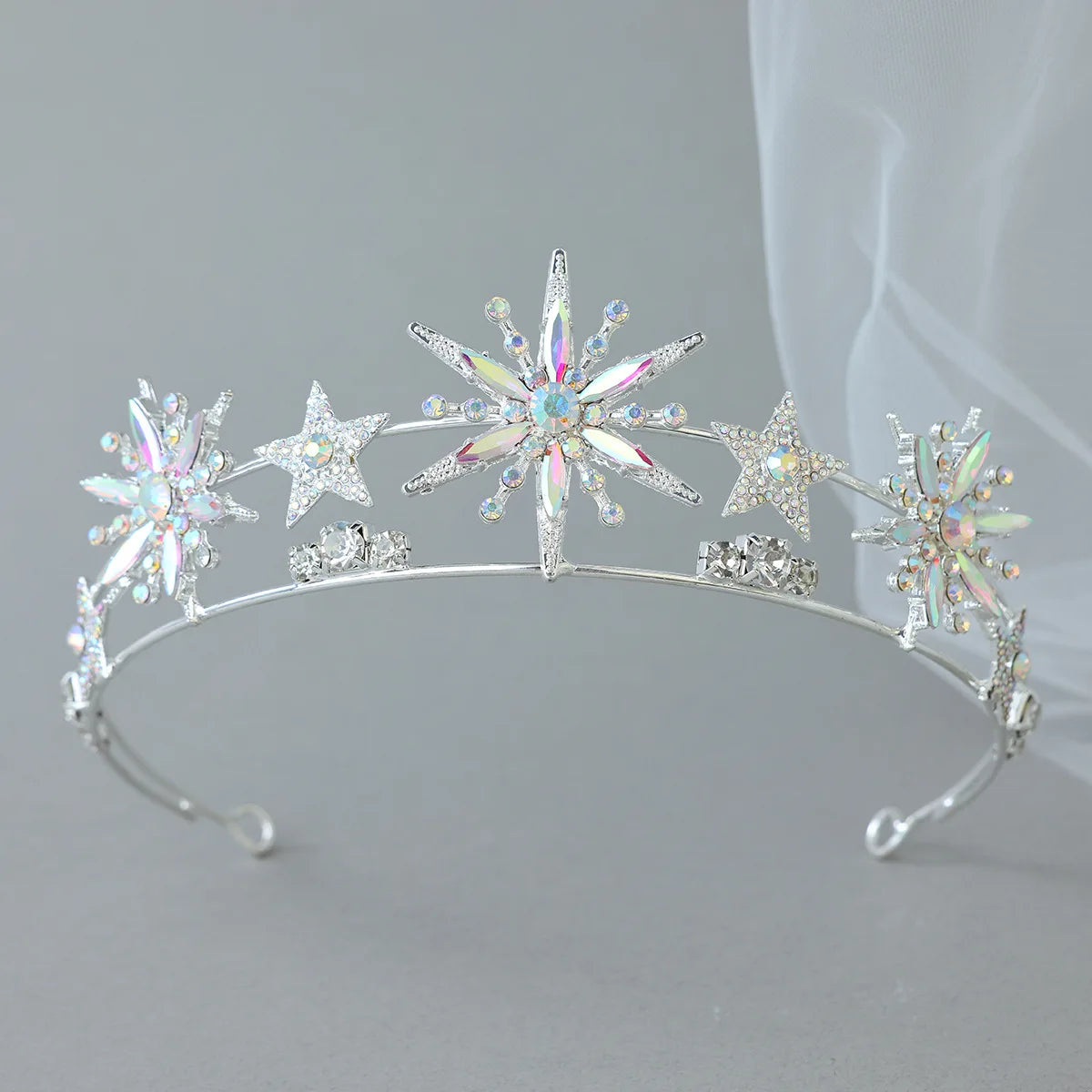 Luxury Silver AB Color Crystal 6-Point Star Wedding Crown Tiara Rhinestone Diadem Princess Women Headband Bride Hair Accessories