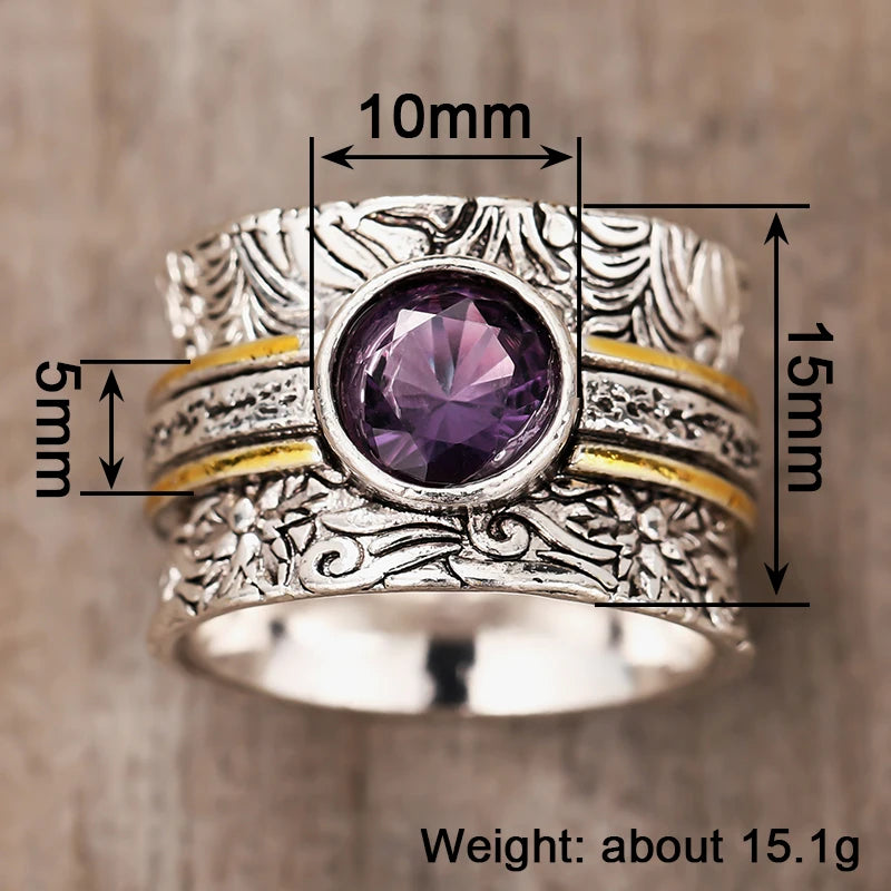 Vintage Two Tone Wide Rings with Purple CZ Bohemia Style Women's Rings Daily Wear Party Aesthetic Carved Pattern Jewelry