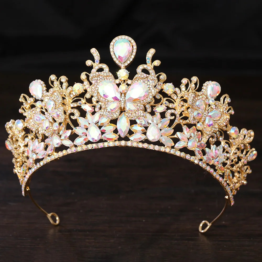 Vintage Butterfly Flowers Crystal AB Bridal Tiara Crown Rhinestone Diadem Veil Tiaras Wedding Hair Accessories Headpiece