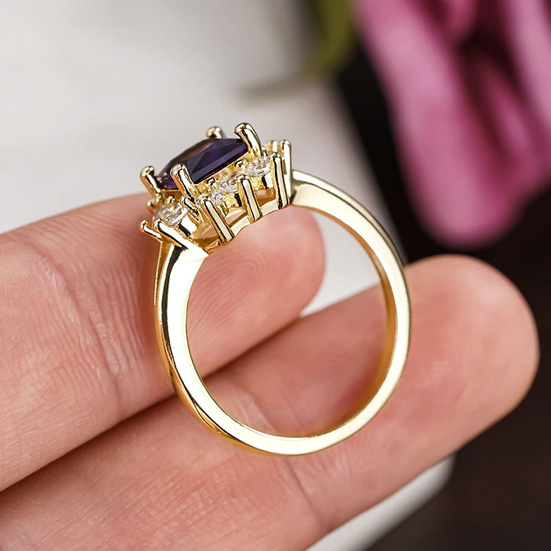 Square Purple Cubic Zirconia Rings Women Gold Color for Wedding Engagement Charming Lady Accessories Fashion Jewelry