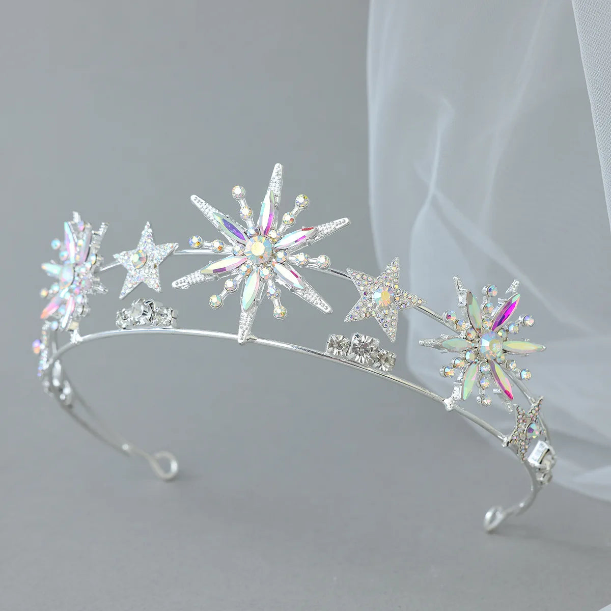 Luxury Silver AB Color Crystal 6-Point Star Wedding Crown Tiara Rhinestone Diadem Princess Women Headband Bride Hair Accessories