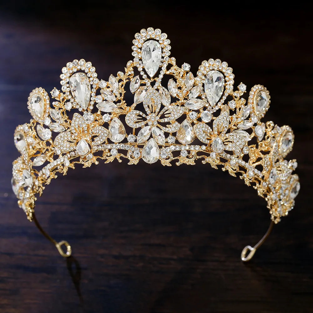 Luxury Water Drop Pink Crystal Bridal Tiara Crown Silver Color Rhinestone Diadem Veil Tiaras Wedding Hair Accessories Headpieces