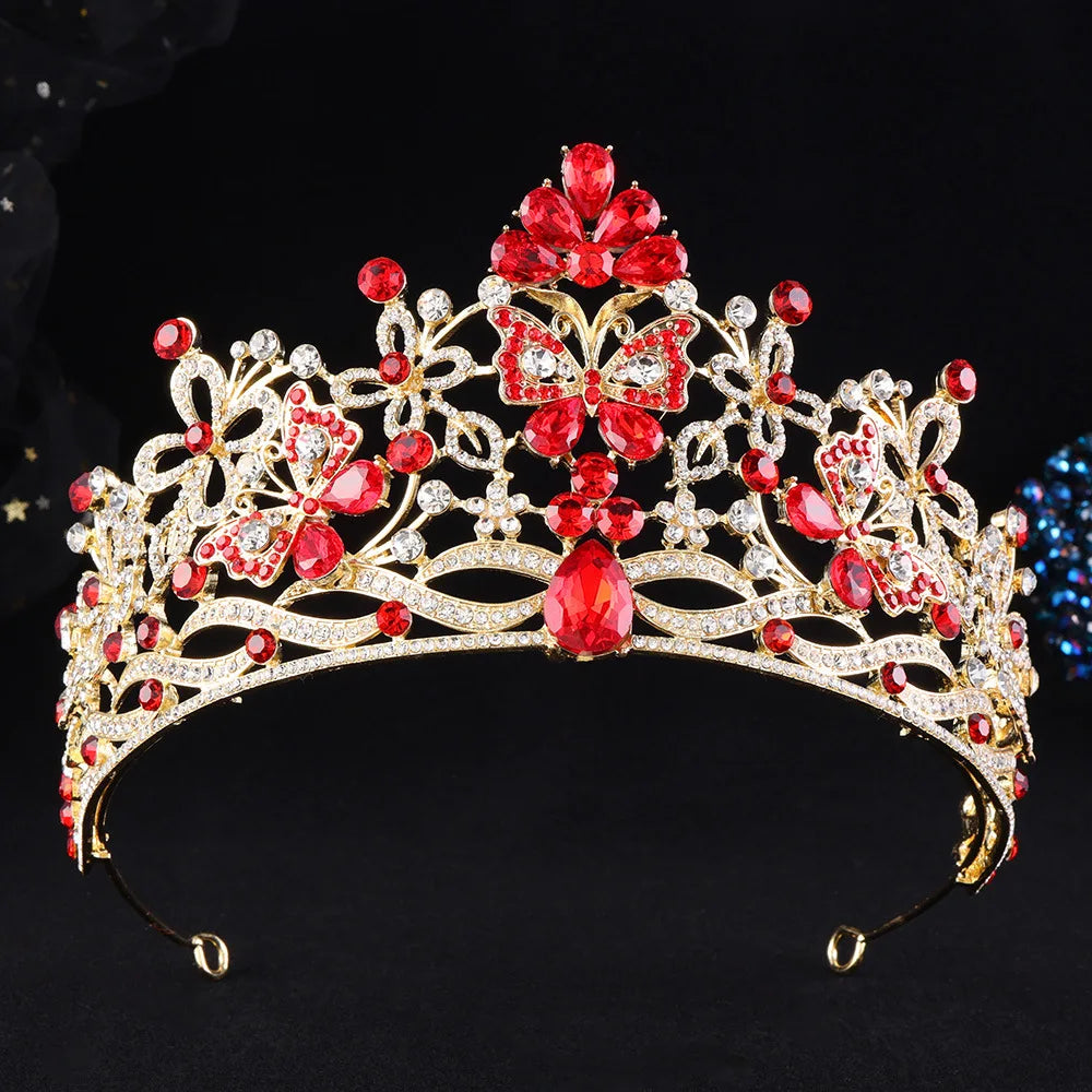 10 Colors New Baroque Pink Crystal Butterfly Bridal Tiara Crown Rhinestone Diadem Veil Tiaras Wedding Hair Accessories Headpiece