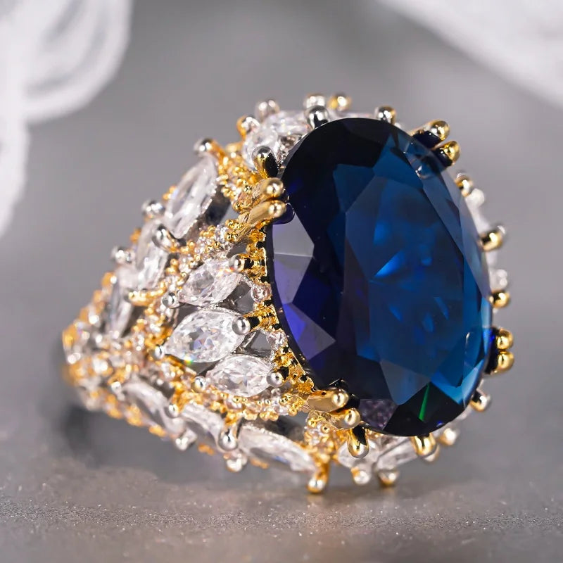 Creative Blue Cubic Zircon Rings for Women Bright Aesthetic Engagement Jewelry Modern Wedding Bridal Accessory