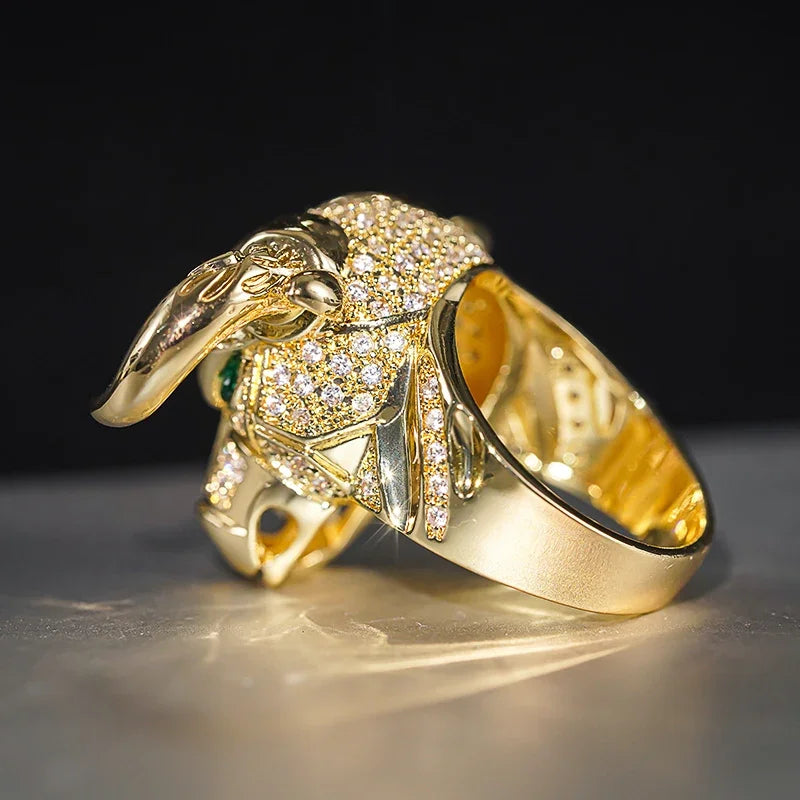Iced Out Bull Head Ring for Men/Women with Green CZ Eyes Hip Hop Charming Jewelry for Party Rapper Style Accessory