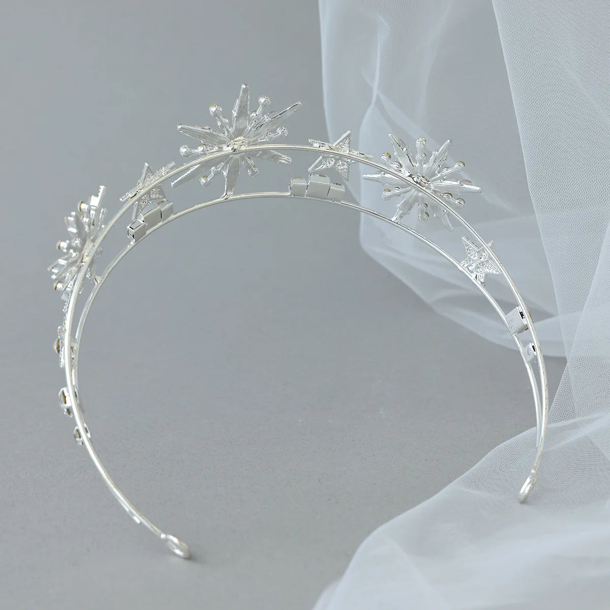Luxury Silver AB Color Crystal 6-Point Star Wedding Crown Tiara Rhinestone Diadem Princess Women Headband Bride Hair Accessories