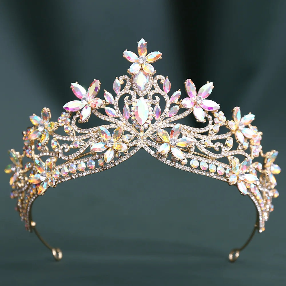 12 Colors Baroque Crystal Flower Blue Opal Tiaras For Women Party Luxury Bride Diadem Rhinestone Crown Hair Accessories Jewelry