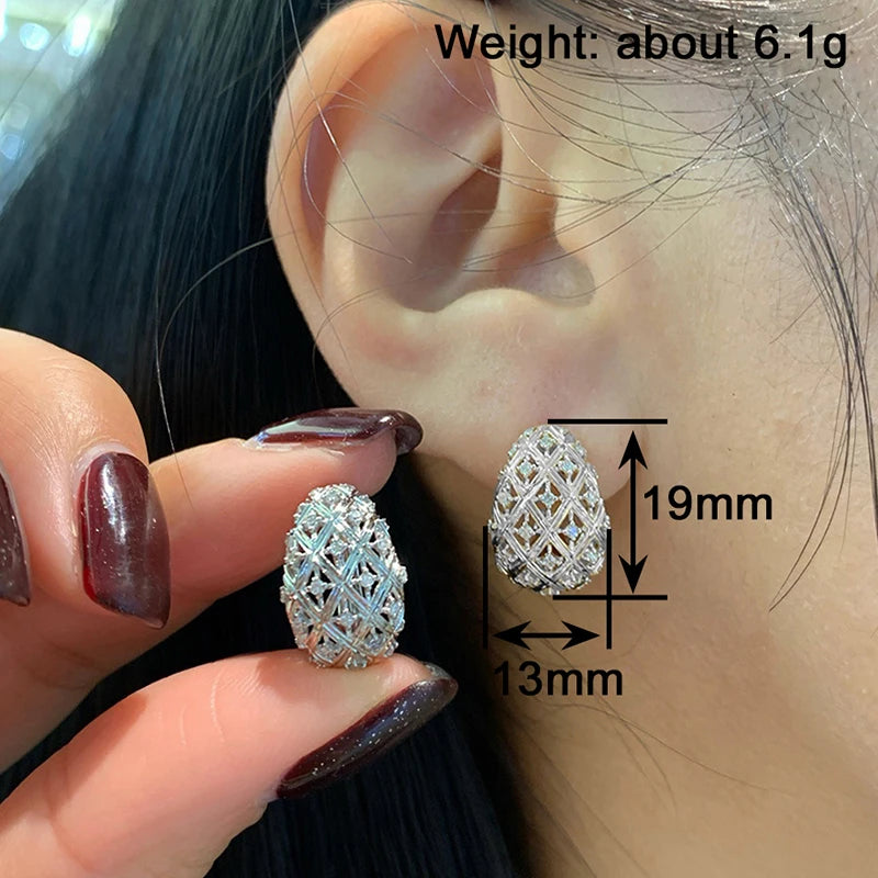 Trendy Oval Grid Design Hoop Earrings for Women Luxury Paved Shiny Cubic Zirconia Silver Color/Gold Color Hollow Jewelry
