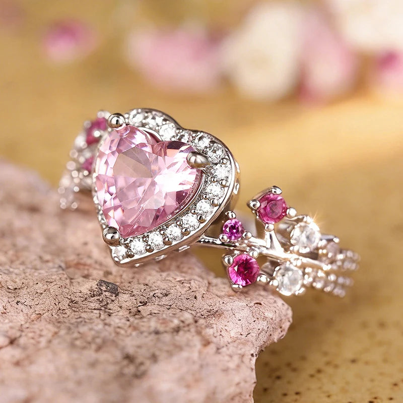 Heart Pink Cubic Zirconia Wedding Rings for Women Silver Color Temperament Sweet Engagement Rings Luxury Trendy Jewelry