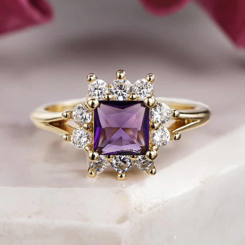 Square Purple Cubic Zirconia Rings Women Gold Color for Wedding Engagement Charming Lady Accessories Fashion Jewelry