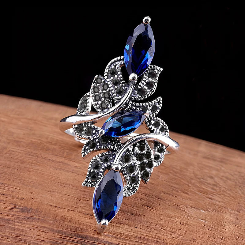 Leaf Shaped Adjustable Rings for Women Marquise Blue Cubic Zirconia Black CZ Lady Rings Party Jewelry