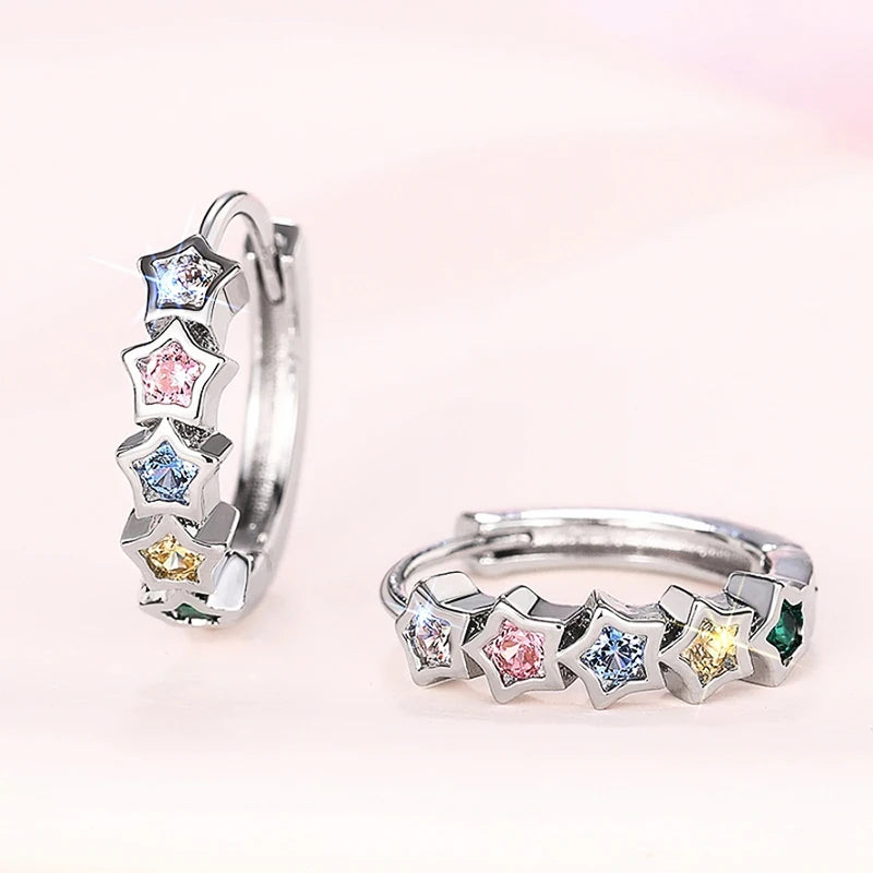 Trendy Star Hoop Circle Earrings Female Bright Rainbow Colored Zirconia Accessories Silver Color Jewelry