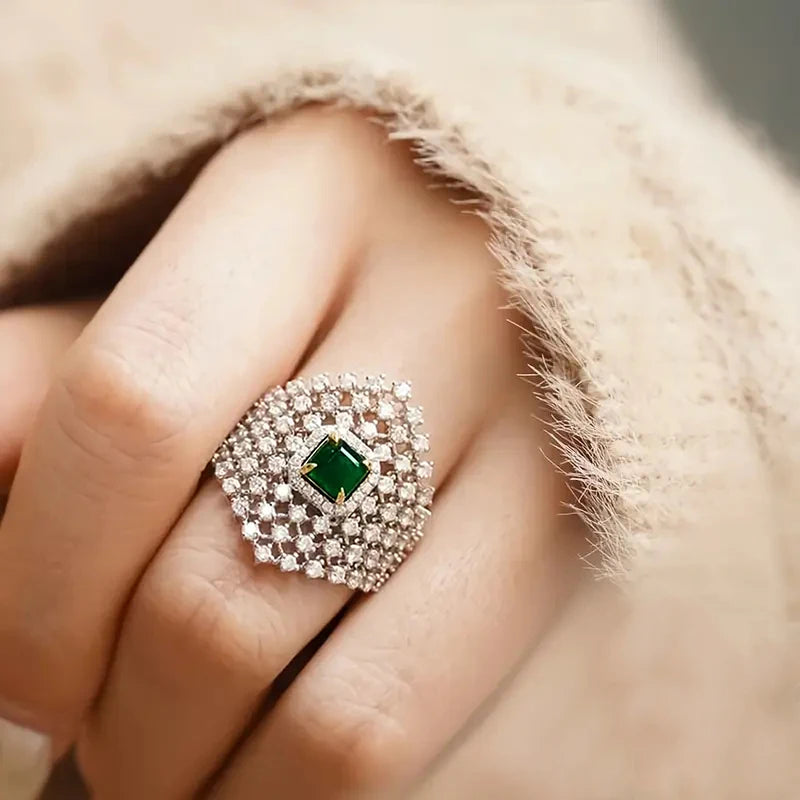 Bling Bling Geometric Rings with Square Green Cubic Zircon Fashionable Silver Color Finger Rings