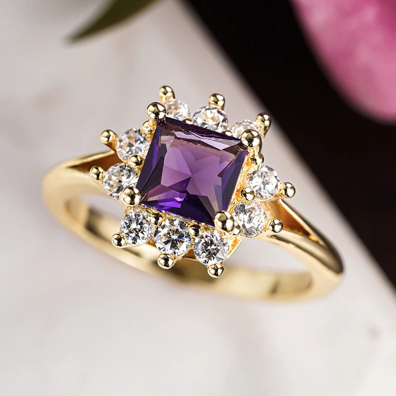 Square Purple Cubic Zirconia Rings Women Gold Color for Wedding Engagement Charming Lady Accessories Fashion Jewelry